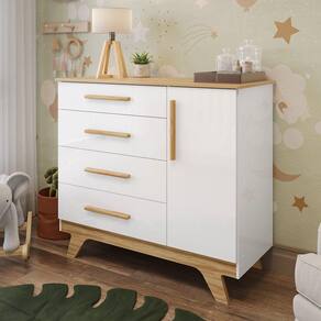 Cômoda Infantil 1 Porta 4 Gavetas 100% Mdf Kakau Retrô Branco Brilho/Amêndoa