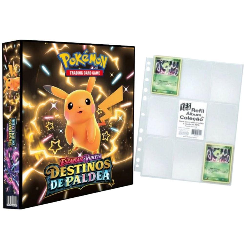 Álbum Pasta Fichário Pokemon com 10 Folhas YES 9 Bolsos Escarlete e Violeta Destinos em Paldea Capa Dura Reforçado Cards