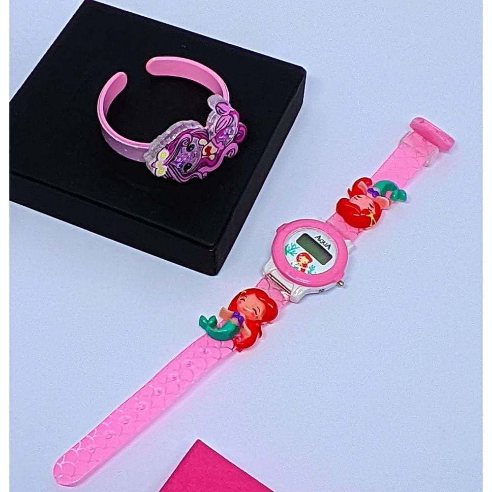 Kit Relógio Digital Led Esporte Silicone Menina + Pulseira Bracelete 3D desenho Animado Sereia Unicórnio Moda infantil