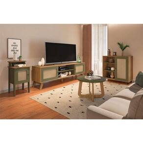 conjunto para sala de estar charlotte com rack para tv até 75 polegadas, buffet 1 pt, mesa lateral 1 pt e mesa de centro verde menta e carvalho