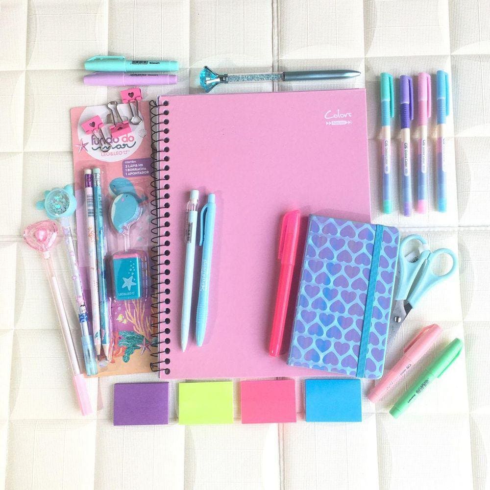 Kit Papelaria Tons Pasteis Neon Caderno Caneta Marca Texto