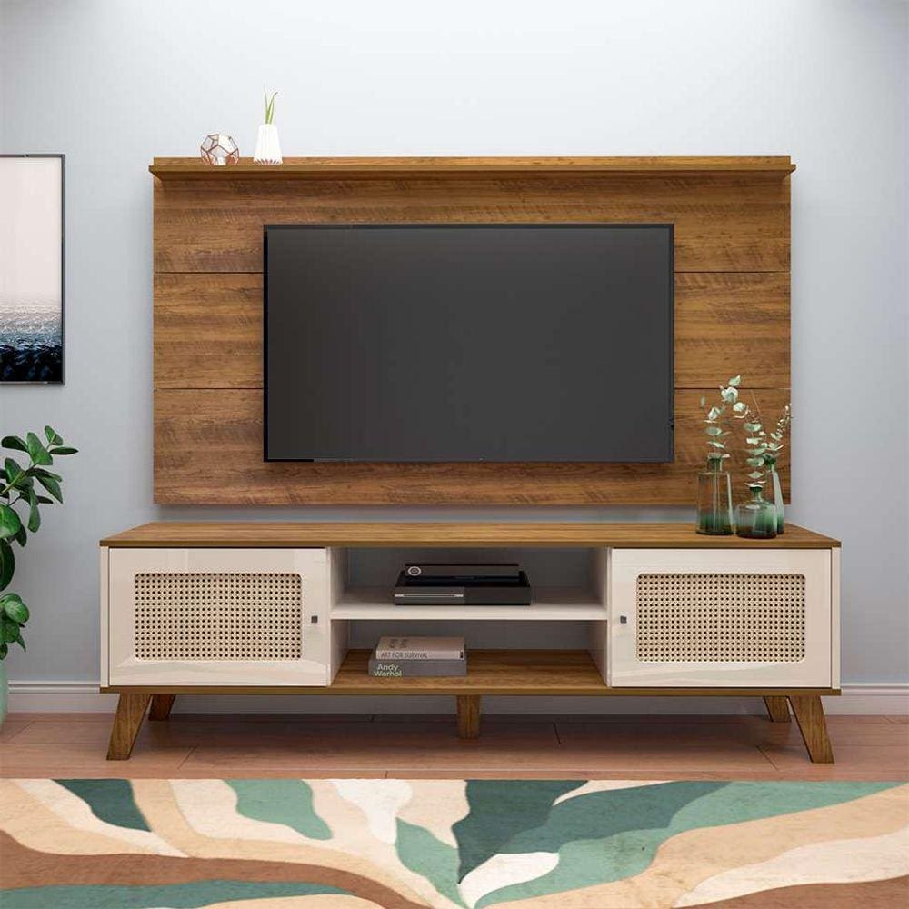conjunto de rack charlotte 2 pt com painel para tv até 42 polegadas slim pinho e off white