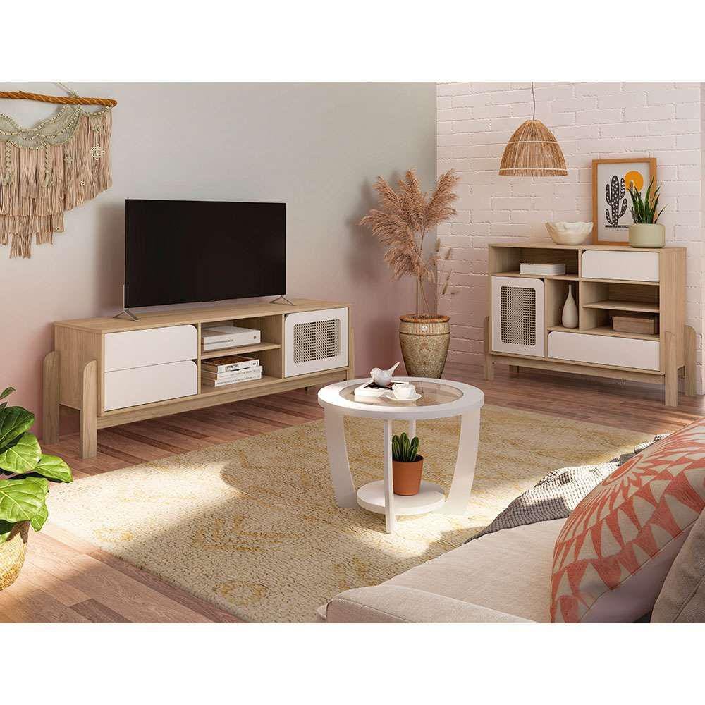 conjunto de sala de estar nature com rack para tv até 65 polegadas 1 pt 2 gv, buffet e mesa de centro le e branco