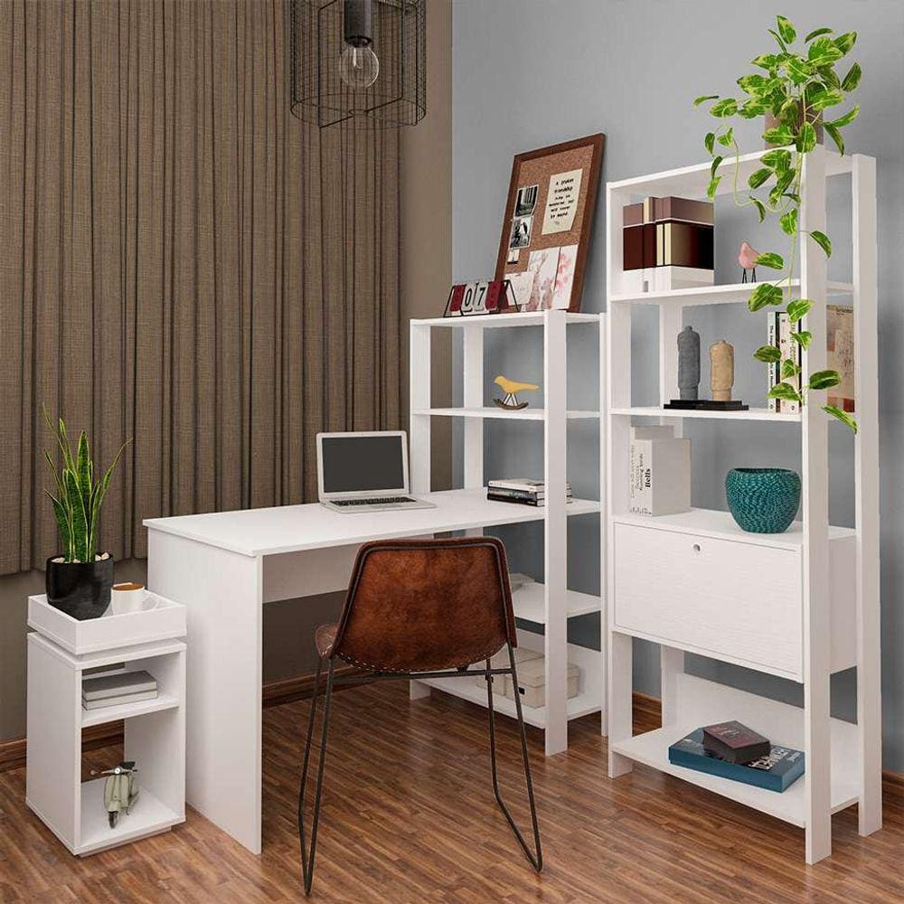 conjunto de escritório match com escrivaninha, estante 1 pt e mesa lateral branco