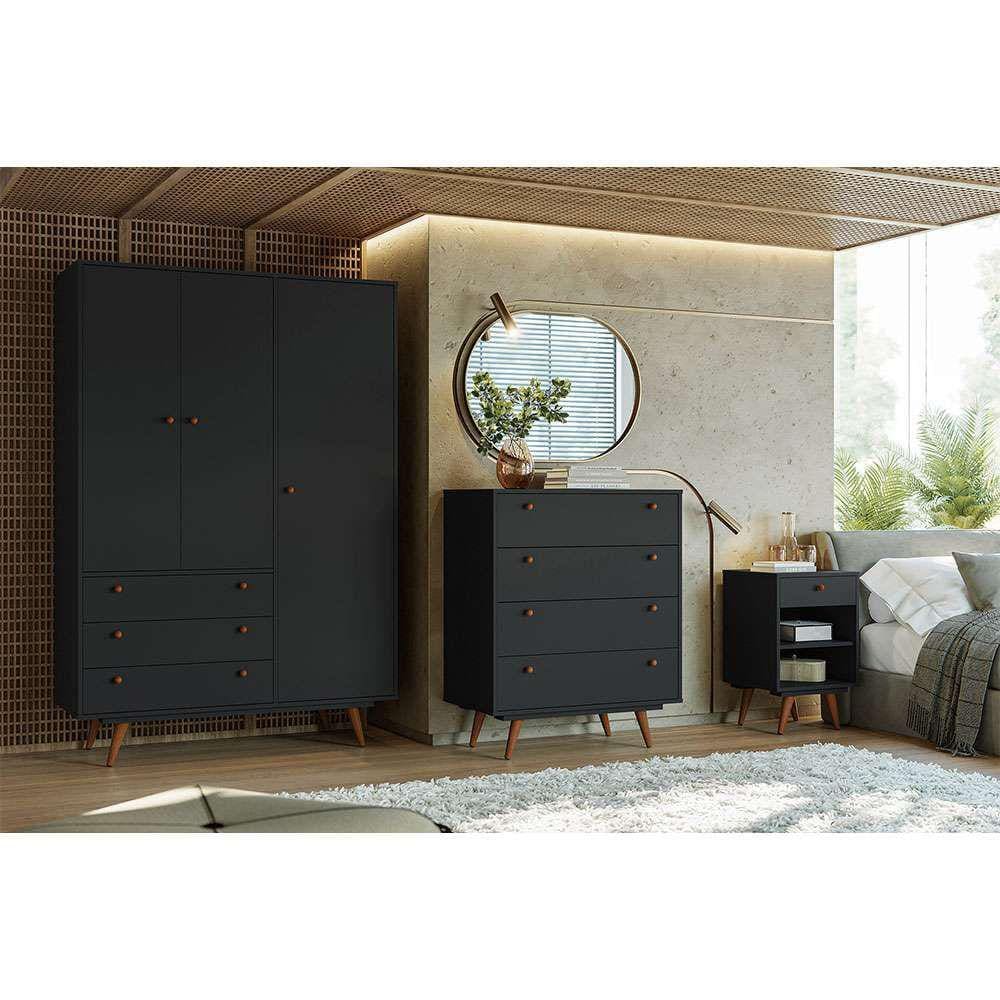 quarto solteiro retrô plus com guarda-roupa 3 pt 3 gv cômoda 4 gv e mesa de cabeceira 1 gv preto