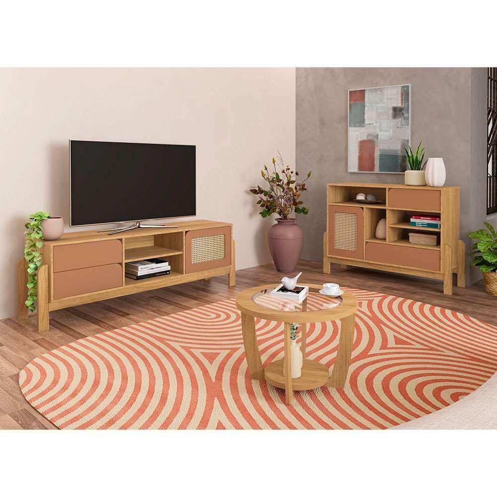 conjunto de sala de estar nature com rack para tv até 65 polegadas 1 pt 2 gv, buffet e mesa de centro carvalho e terracota