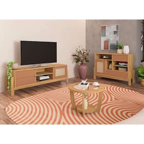 conjunto de sala de estar nature com rack para tv até 65 polegadas 1 pt 2 gv, buffet e mesa de centro carvalho e terracota