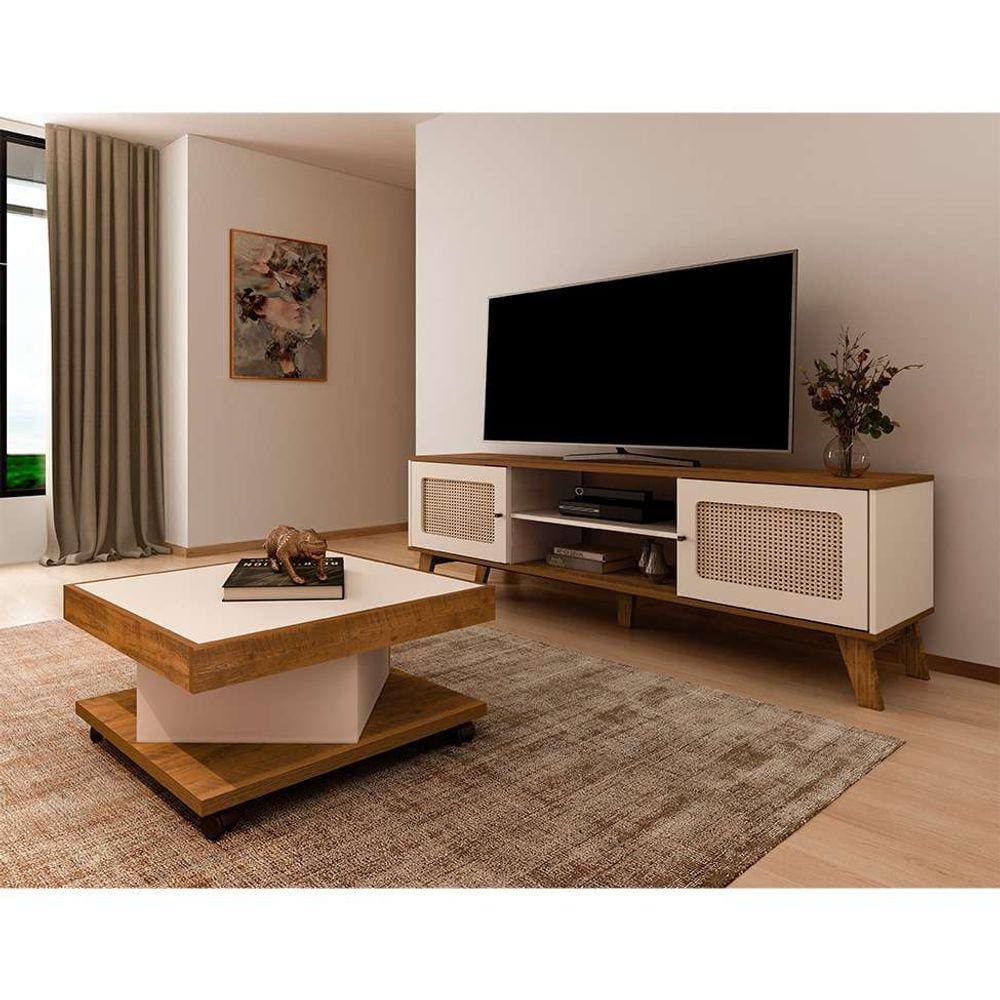 conjunto de rack charlotte 2 pt com mesa de centro quadrada saara pinho e off white