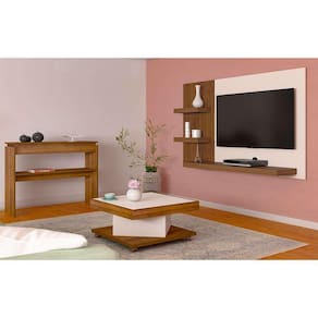 conjunto para sala de estar chess com painel para tv até 50 polegadas, aparador e mesa de centro pinho e off white
