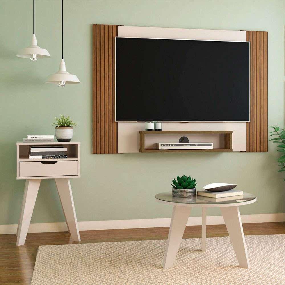 conjunto de sala de estar cine com painel para tv até 40 polegadas, mesa de centro e mesa lateral pinho e off white