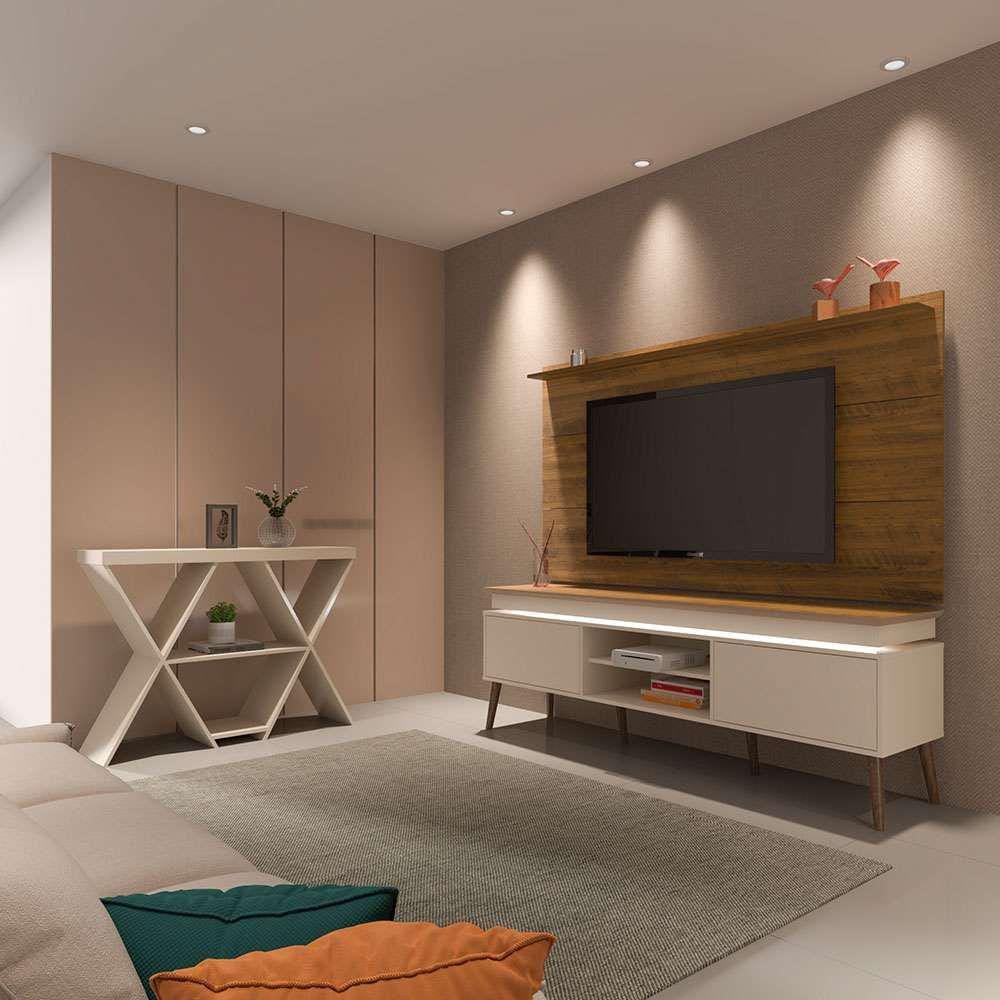 conjunto para sala de estar lumina com rack, painel para tv até 42 polegadas e aparador pinho e off white