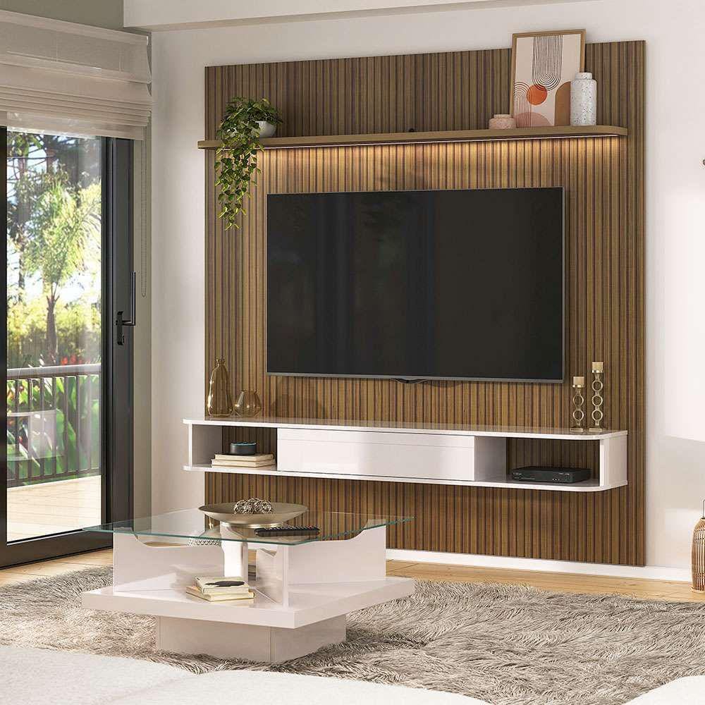conjunto de sala de estar beluno com painel para tv até 75 polegadas com led e mesa de centro clear carvalho e off white