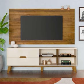 conjunto de rack verona 2 gv com painel para tv até 42 polegadas slim off white e pinho