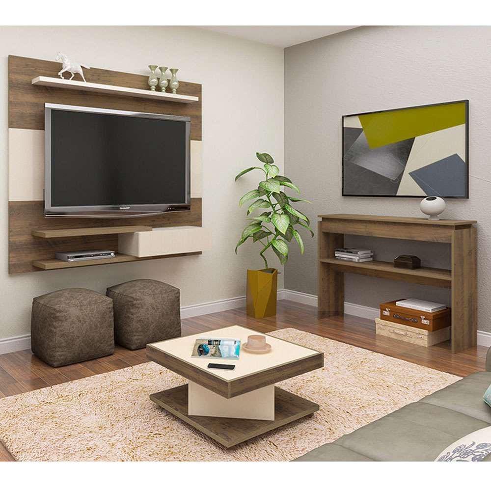 conjunto de sala de estar monza com painel para tv até 50 polegadas, mesa de centro e aparador pinho e off white