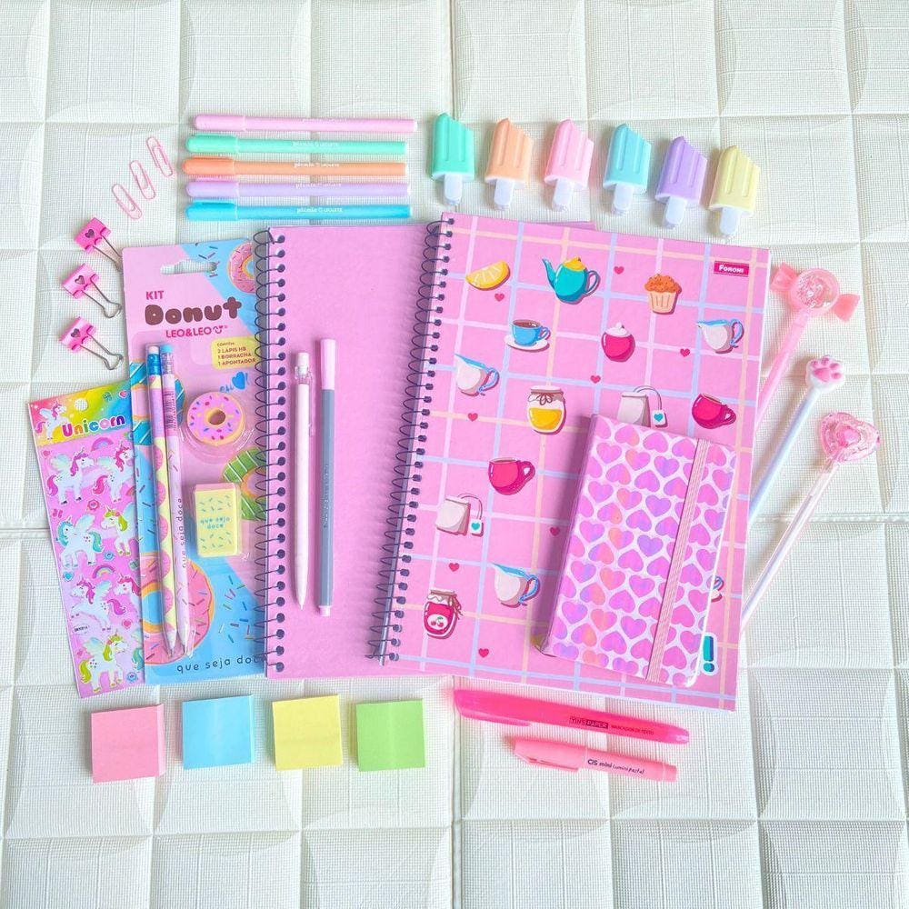 Kit Papelaria Estudos Candy Pasteis Canetas Bloquinhos Marca