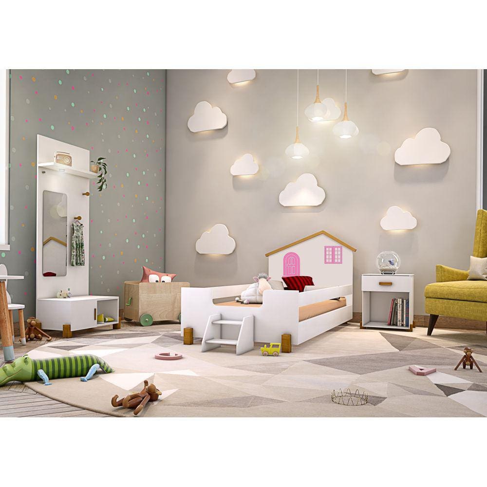 Cama Infantil Casinha Branca Marrom e Rosa com Colchão Divaloto