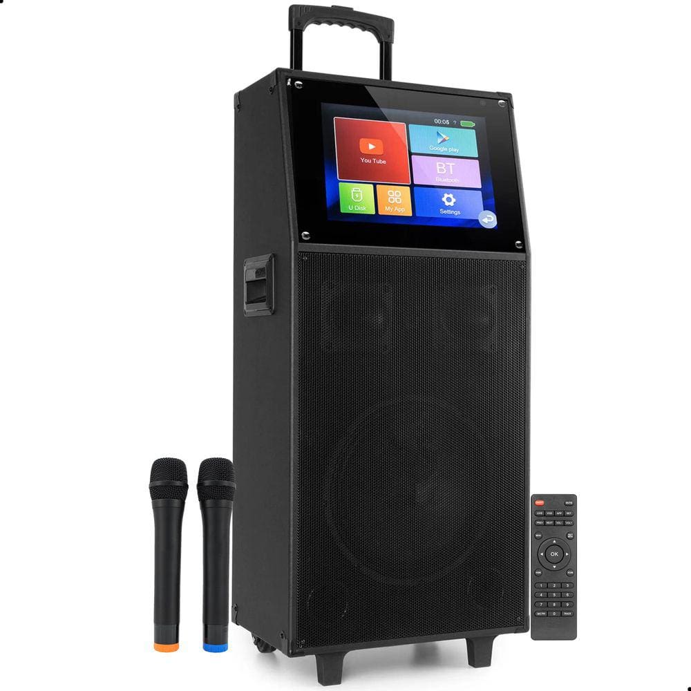 Kit Karaokê Completo Caixa de Som Bluetooth Android Wi-Fi Tela Touch 2 Microfones Bateria Portátil Y030
