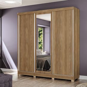 Guarda-Roupa Casal Kappesberg 3 Portas Reversiveis de Correr 3 Espelhos 2 Cabideiros Nogueira