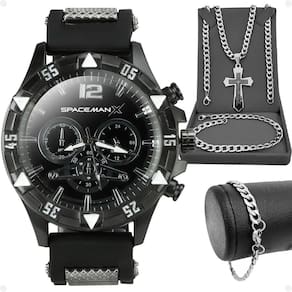 Relogio masculino preto + pulseira + cordão prata grumet inoxidável pai nosso social presente casual