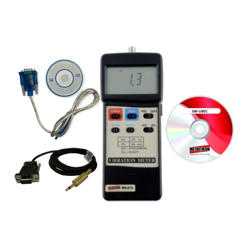 Kit Medidor Vibração Digital Maquinas Peak Hold Sensor Mv-670 Portátil Instrutherm Estojo Software Cabo Rs-232 P2 Db9