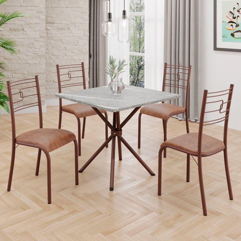 Conjunto Sala de Jantar Mesa Quadrada 70x70cm Tampo Granito Topázio 4 Cadeiras Paraty Courino Marrom/Marrom