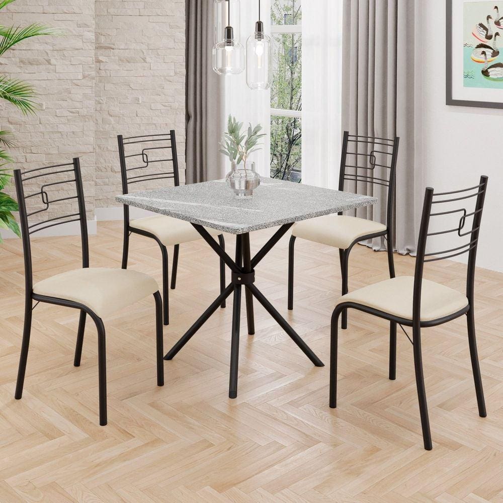 Conjunto Sala de Jantar Mesa Quadrada 70x70cm Tampo Granito Topázio 4 Cadeiras Paraty Creme / Preto Fosco