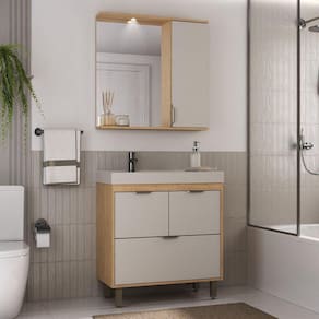 Conjunto de Banheiro Gabinete 2 Portas 1 Gaveta e Espelheira com Led 1 Porta Eleganza Carvalho Marrom / Arenas