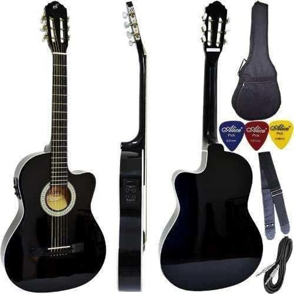 Kit Violão Flat Eletroacústico Giannini Sf14 Bk Aço Completo