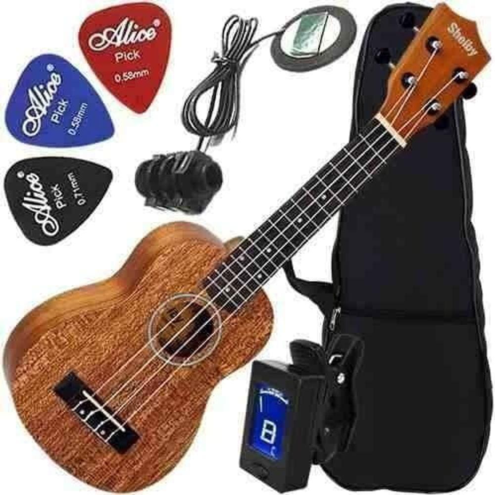 Kit Ukulele Elétrico Soprano Mogno Com Afinador Su21M Shelby