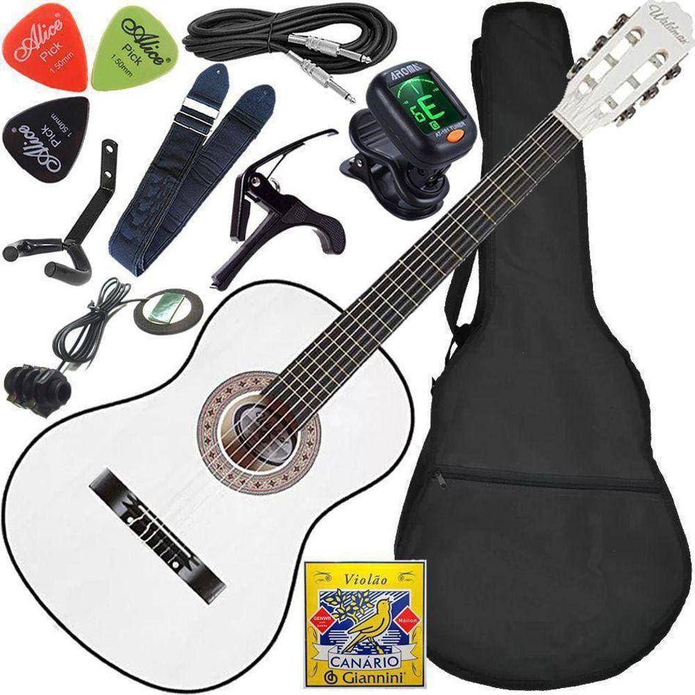 Kit Violão Elétrico Waldman Popstar Pp1 Branco Cordas Nylon