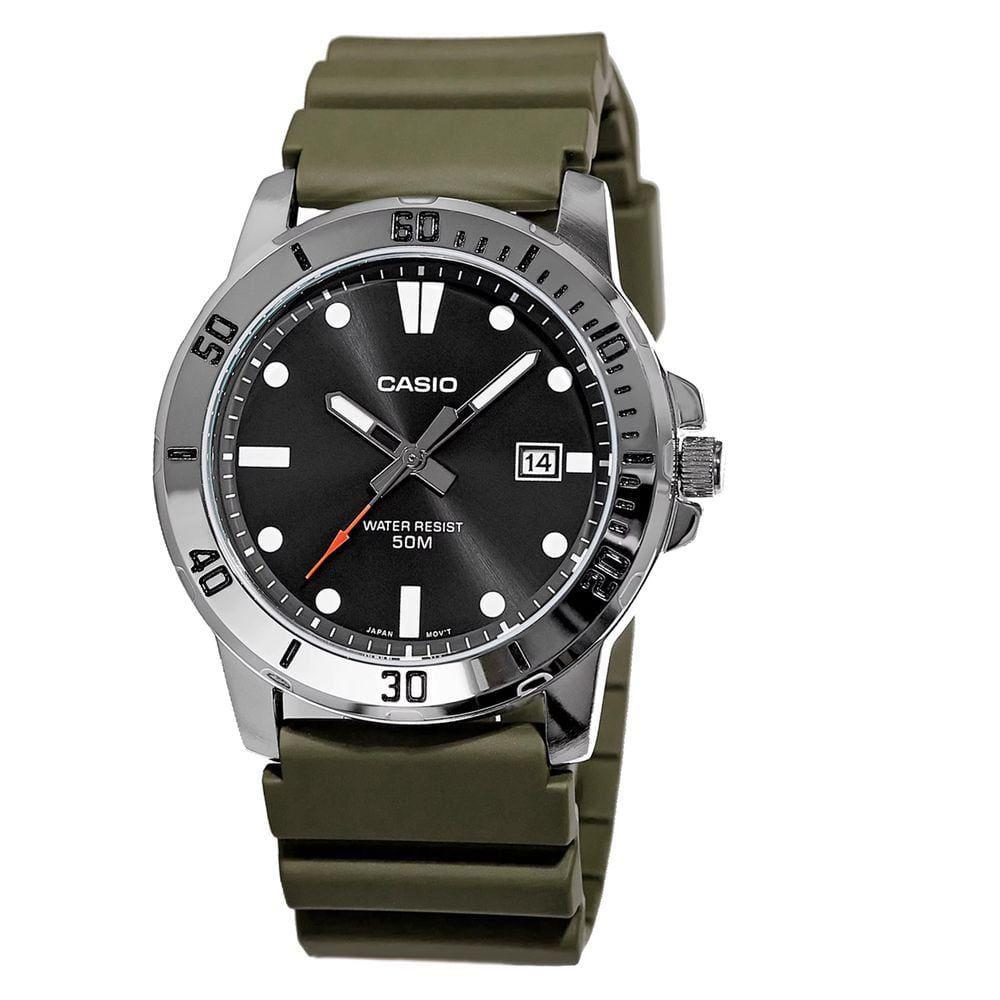 Relógio CASIO Masculino MTP-VD01-3EVUDF Analógico Prata Mostrador  Preto pulseira em Resina Verde