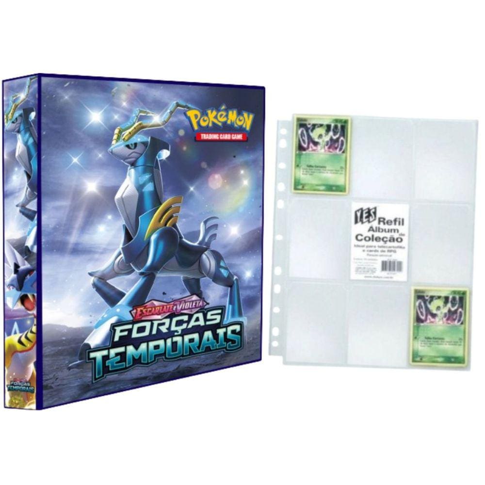 Álbum Pasta Fichário Pokemon com 10 Folhas YES 9 Bolsos Escarlete e Violeta Forças Temporais Capa Dura Reforçado Cards