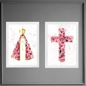 Kit 2 Quadros Nossa Senhora E Cruz Flores 33X24Cm