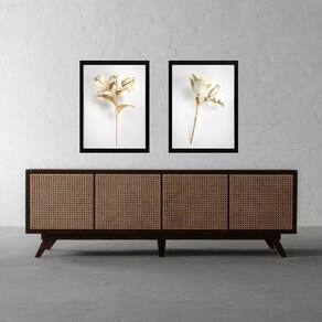 Kit 2 Quadros Branco E Ouro - Simple Flowers 33X24Cm - Vidro