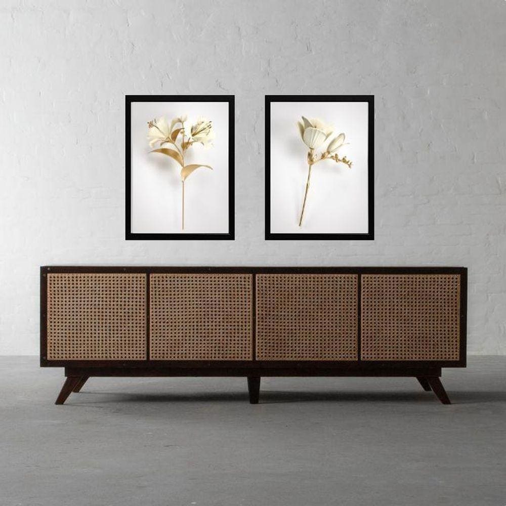 Kit 2 Quadros Branco E Ouro - Simple Flowers 45X34Cm - Com Vidro