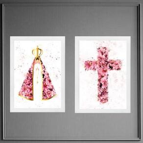 Kit 2 Quadros Nossa Senhora E Cruz Flores 33X24Cm