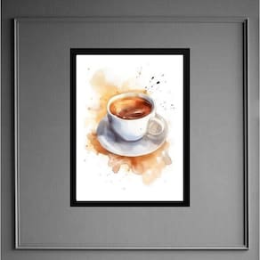 Quadro Cozinha Xícara De Café - Aquarela 33X24Cm - Com Vidro