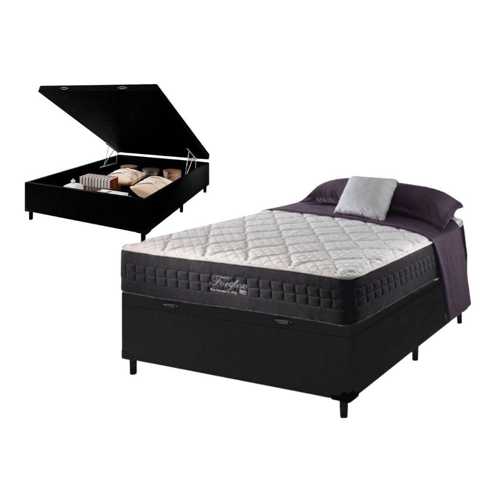 Colchão FortFlex 200kg por Pessoa - Tamanho Casal Molas Ensacadas Anjos + Cama Box Com Baú Preto 138x188x72