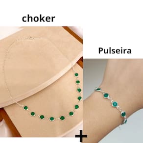 Kit Conjunto Colar Choker e Pulseira Pedras Cristal ponto de Luz Tiffany Cristais Folheado a Prata Acessórios Feminino