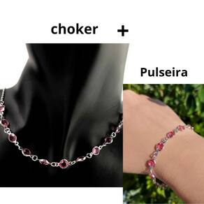 Kit Conjunto Colar Choker e Pulseira Pedras Cristal ponto de Luz Tiffany Cristais Folheado a Prata Acessórios Feminino