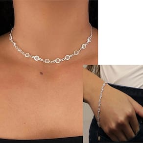 Kit Conjunto Colar Choker e Pulseira Pedras Cristal ponto de Luz Tiffany Cristais Folheado a Prata Acessórios Feminino