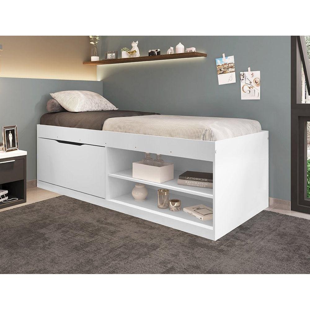 Cama Box Sapateira Solteiro Vanessa Branca com Colchão Framar