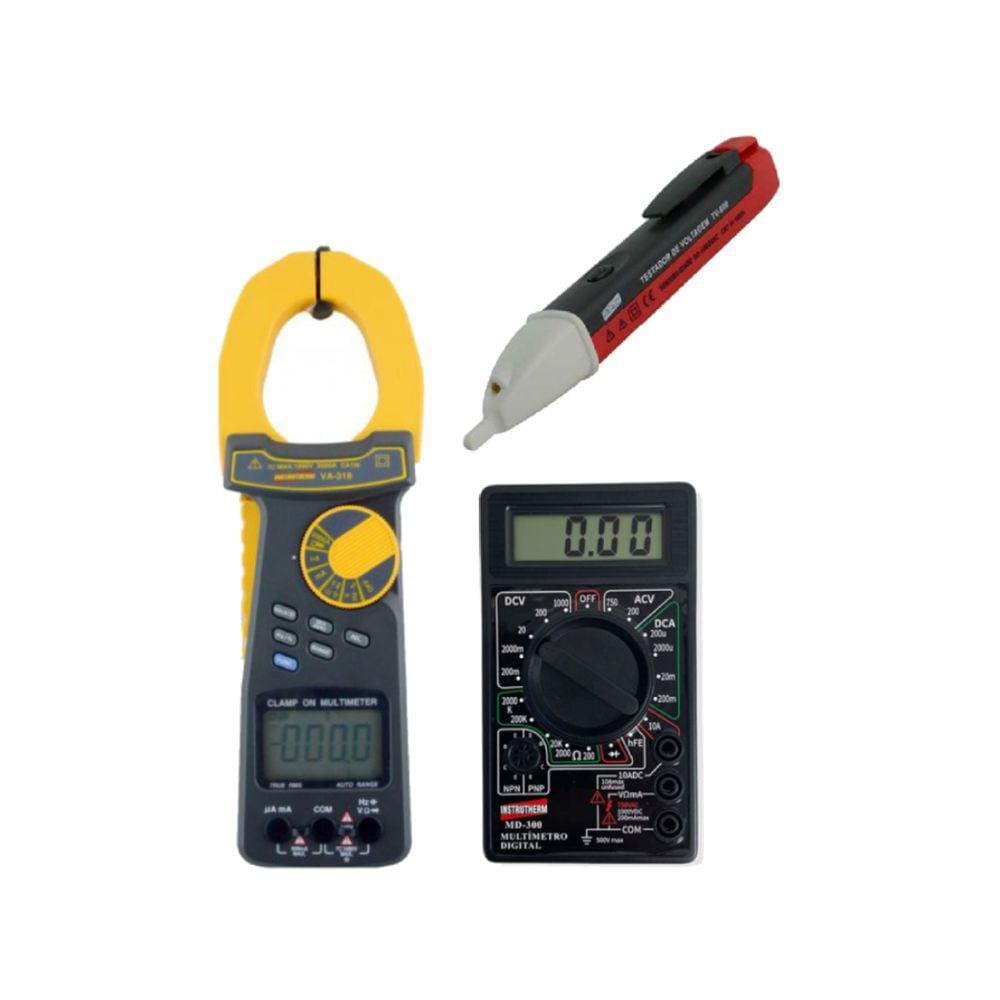 Kit Alicate Amperímetro Va-318 Corrente Resistência Diodo Continuidade Multímetro Hfe Md-300 Detector Tensão Tv-600