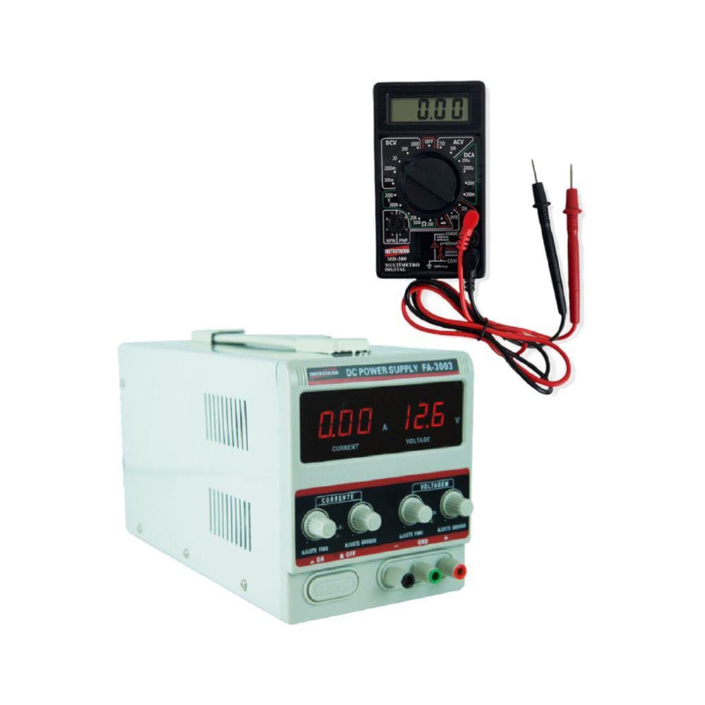 Kit Fonte Alimentação 1 Canal Tensão 32 Volts 3 Ampéres Fa-3003 Multímetro Digital Corrente Diodo Md-300 Instrutherm