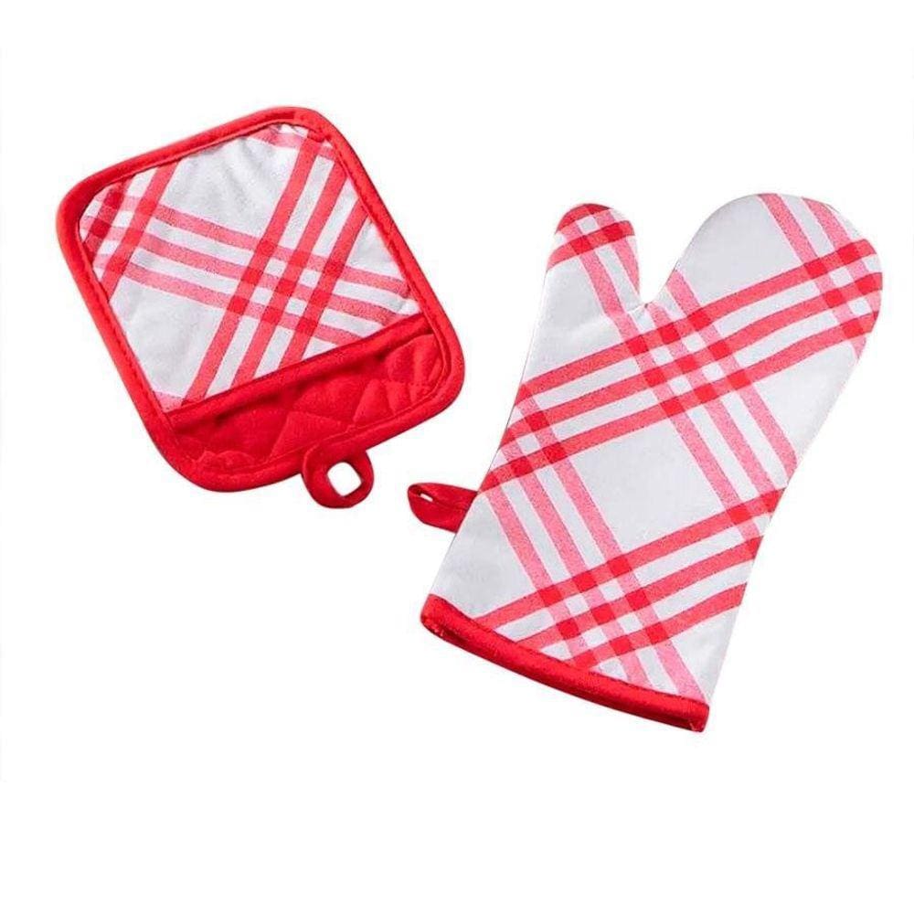 Kit Luva E Pegador Estampado Xadrez Vermelho Jolitex