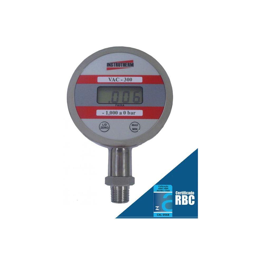 Vacuômetro Digital Escala -1,000 A 0 Bar Saída Reta Npt Bsp Vac-300 Portátil Com Certificado Calibração Acreditada Rbc