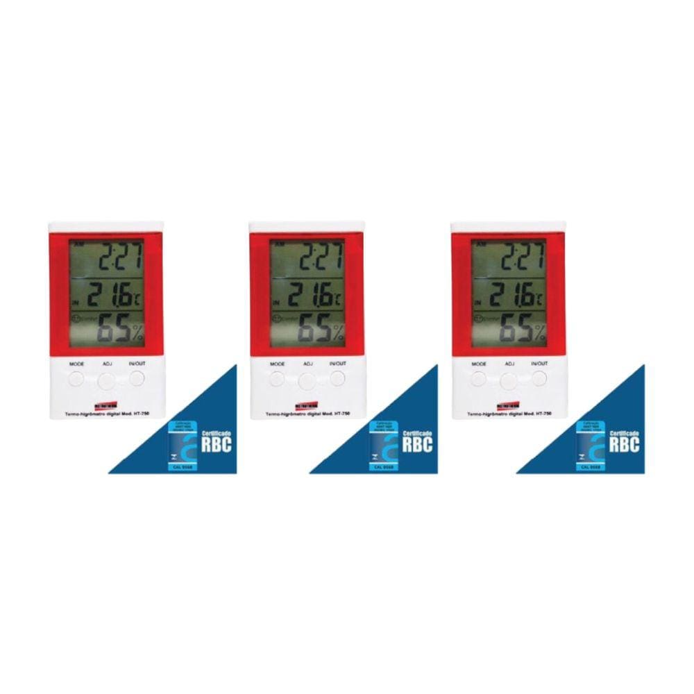 Kit 3 Termo Higrômetro Digital Mesa Parede Imã Sensor Interno Externo Ht-750 Portátil Instrutherm Com Certificado Rbc