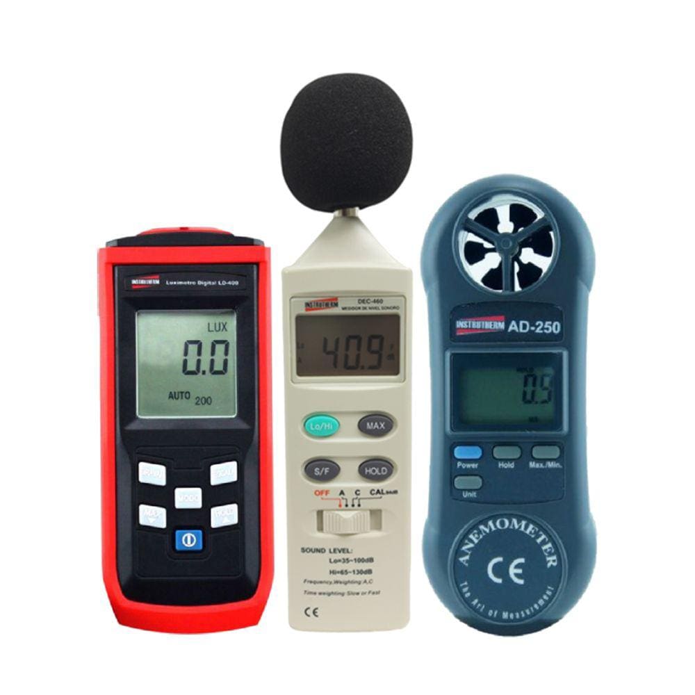 Kit Decibelímetro Digital Acústico Calibrador Luxímetro Armazenamento 50 Leituras Anemômetro Portátil Estojo Instrutherm