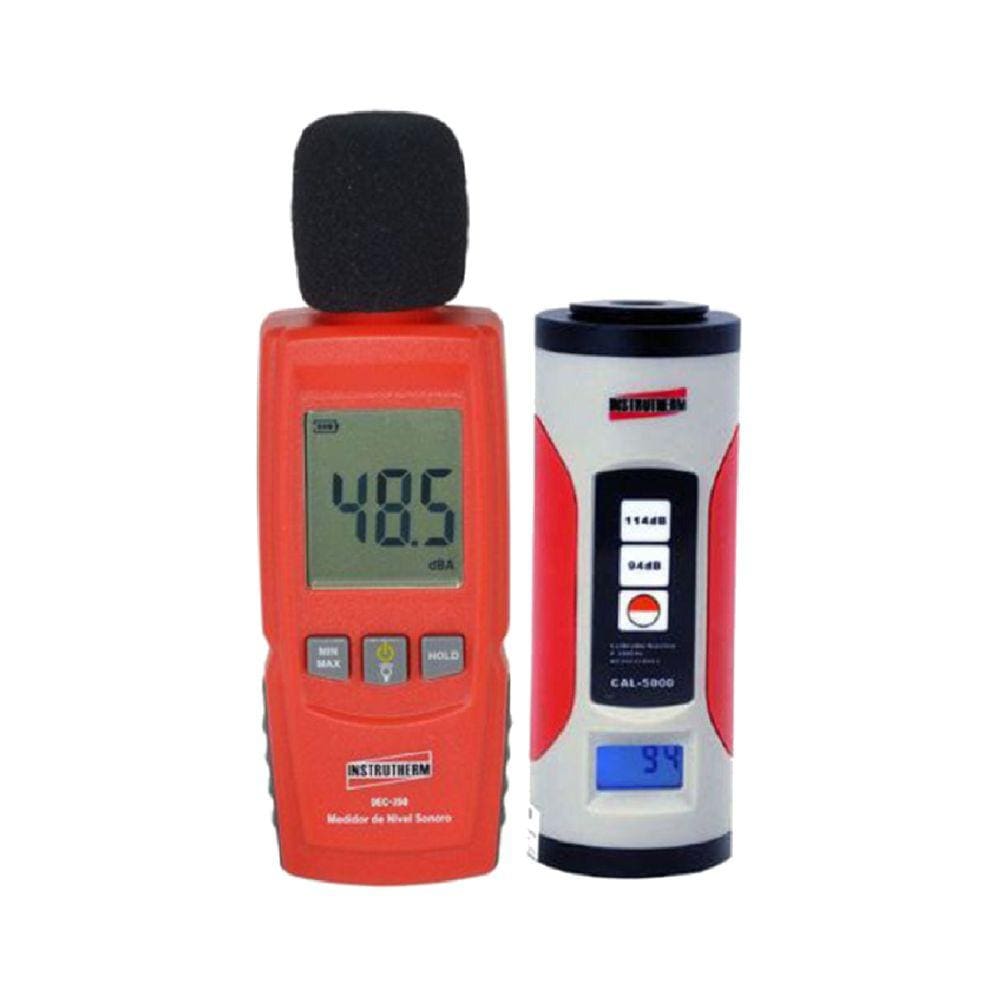 Kit Decibelímetro Digital Sonoro 30 A 130Db Microfone Alarme Máx Mín Dec-350 Portátil Calibrador Cal-5000 Certificado