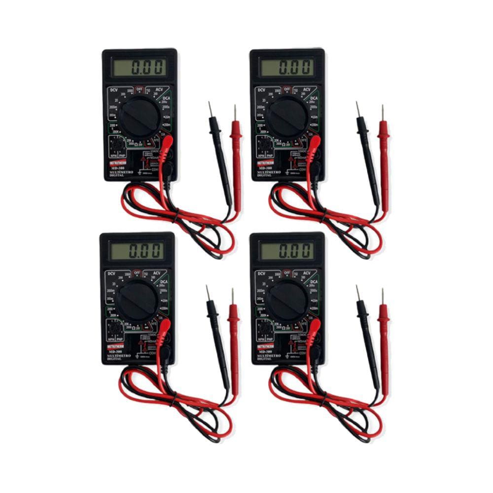 Kit 4 Multímetro Digital Tensão Corrente 3½ Dígitos Resistência Diodo Hfe Ponta Prova Md-300 Portátil Instrutherm